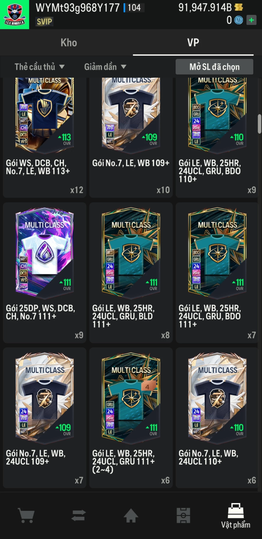 Ảnh ACC mở thẻ (LOẠI SUPER VIP) bao gồm có hơn 900+ đến 1100+ thẻ cầu thủ từ Siêu sao đến Miền núi các loại (ngẫu nhiên có: 01 thẻ +12 và 03 thẻ PRIME QH, XS, CP...) Acc có sẵn BP trắng từ 80.000 tỷ BP đến 120.000 tỷ BP kèm theo nhiều ngày SVIP